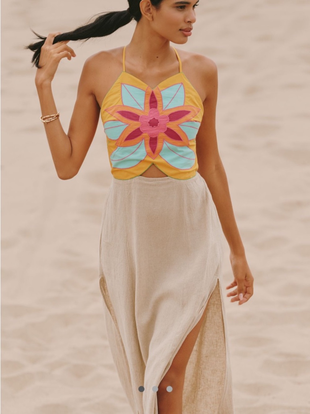 Anthropologie Yellow Floral Appliqué Halter Crop Top